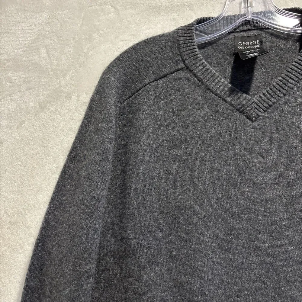 George 100% Cashmere Sweater Gray V Neck Pullover Long Sleeve Men's Medium 38 40